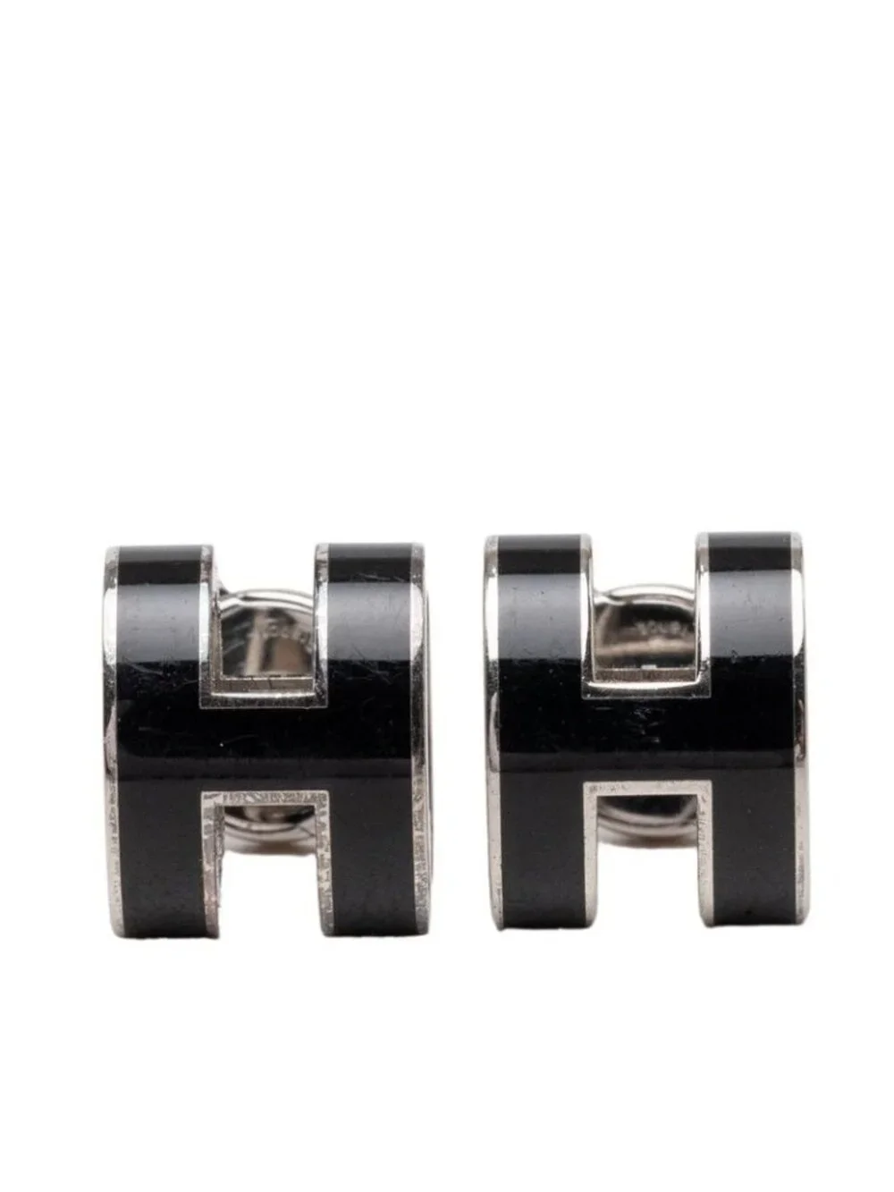 Hermes Mini Pop Stud Earrings Black Silver Metal